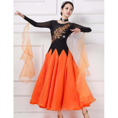 Black with orange competition ballroom dance dresses for women girls embroidered flowers gemstones bling waltz tango foxtrot smooth dance long gown for female